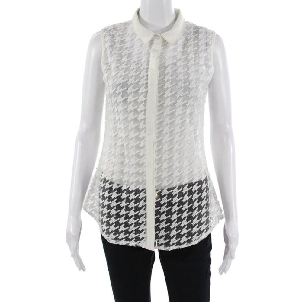 Sweewe Women White Herringbone Collared Sleeveless Button-Up Top Size M